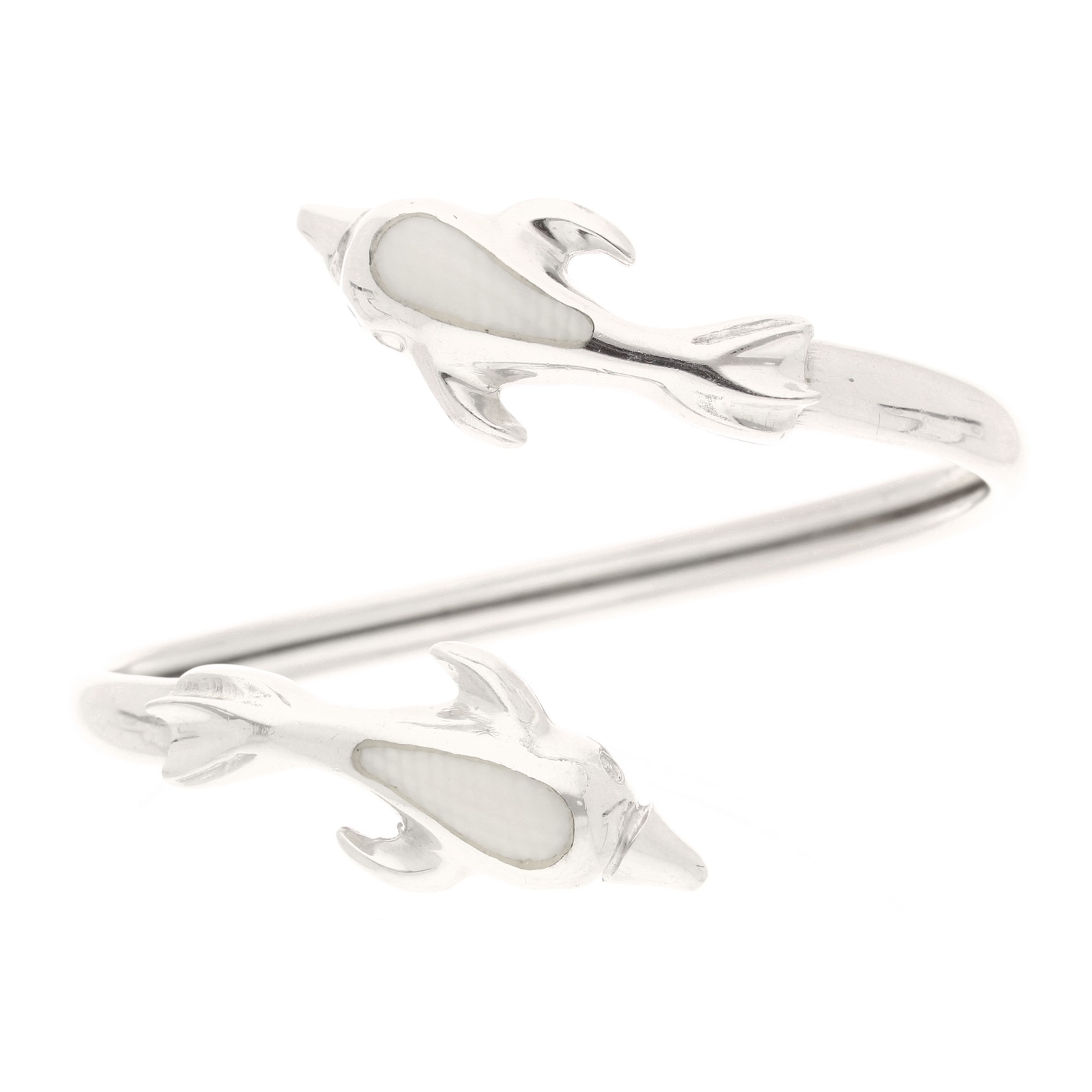 Sterling Silver 6.5"" Mother Of Pearl Dolphin Torque Bangle (14mm Widest)