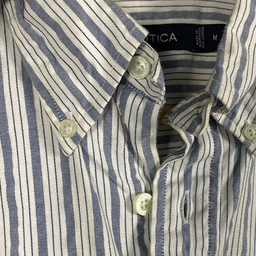Nautica Mens Size Medium Long Sleeve Button Down Shirt Grey Blue Vertical Stripe - Picture 6 of 13