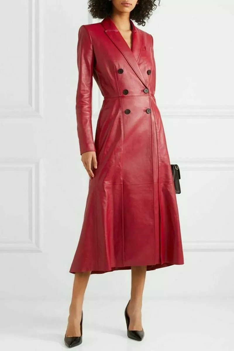 Authentic Women s Leather Trench Coat Pure Soft Lambskin Celebrity Long Coat