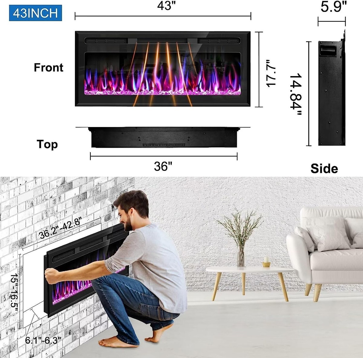 Hocookeper 43 inch Electric Fireplace, Wall Mounted Fireplace Inserts | eBay