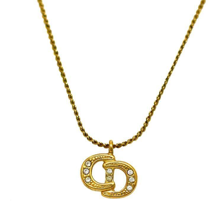 Christian Dior Authentic Necklace Gold Logo GP Stone Jewelry 38.5