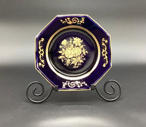 RARE Vtg Limoges Legle Porcelaine d'art Octagon Plate Cobalt Blue & Gold Roses