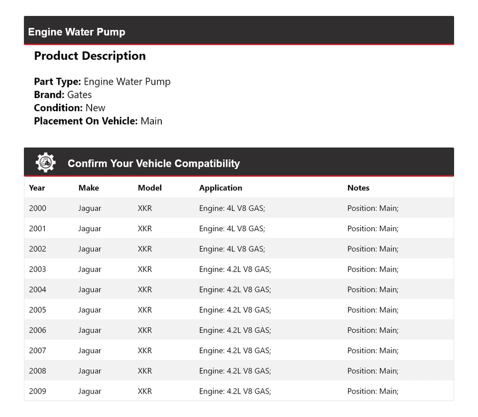 Bomba de agua motor Jaguar XKR 2000-2009 puertas principales 2001 2002 2003 2004 2005 Foto 2 de 4