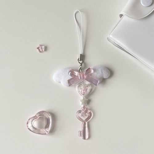 Elegant Bowknot Beaded Mobile Phone Chain with Heart Charm Dainty Wing Ornament - 第 7/8 張圖片