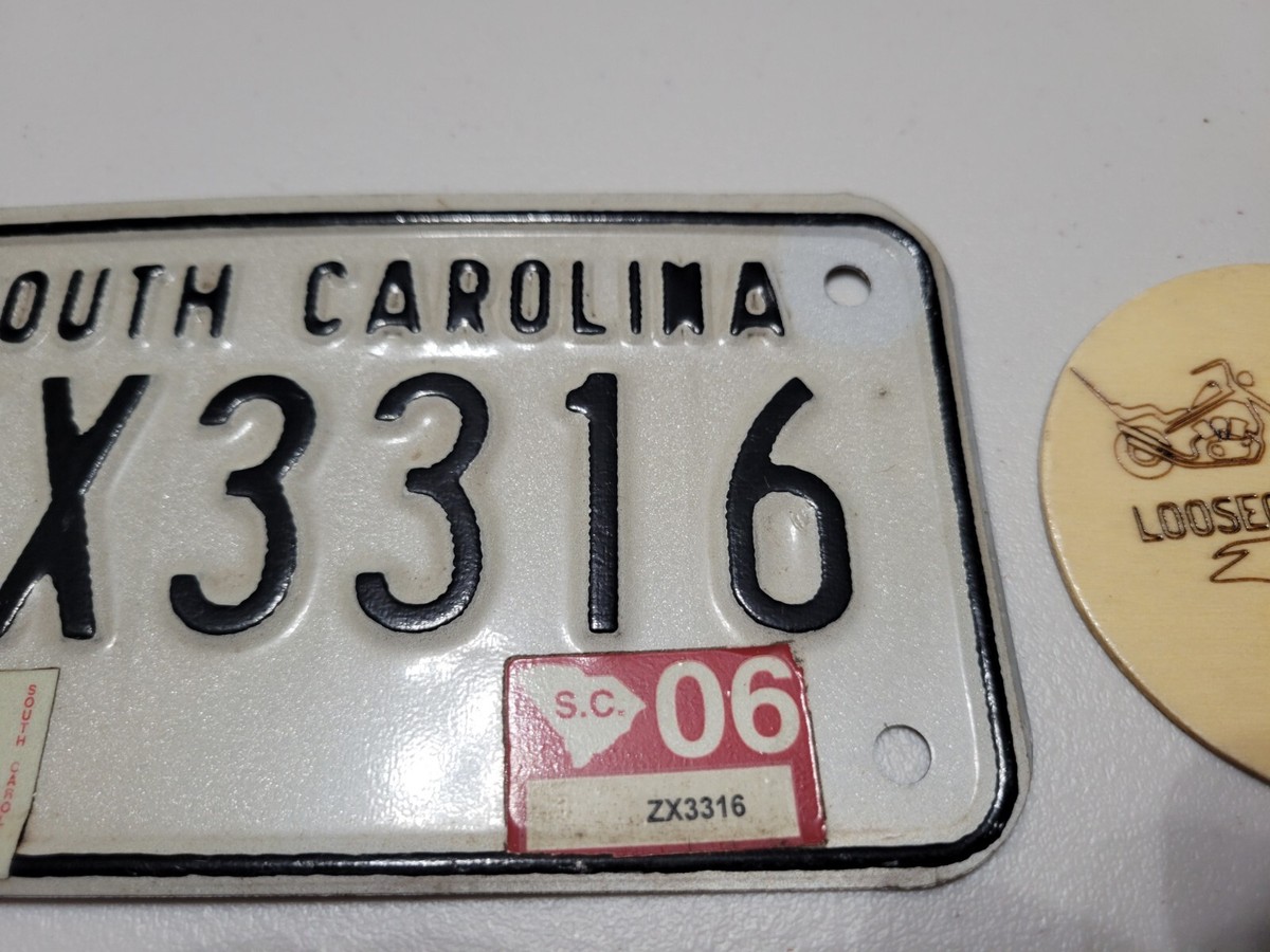 South Carolina Motorcycle License Plate ZX3316 White Black Moto