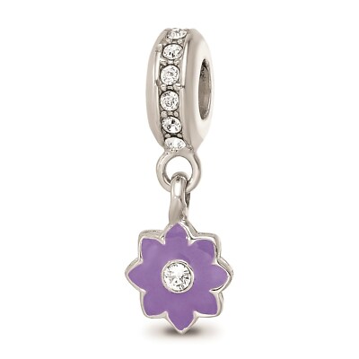 Reflection Beads Sterling Silver White Crystals Purple Enamel Flower Dangle Bead