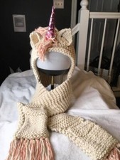 Large Ages 8 to Adult Knit Unicorn Hat Scarf Combo New