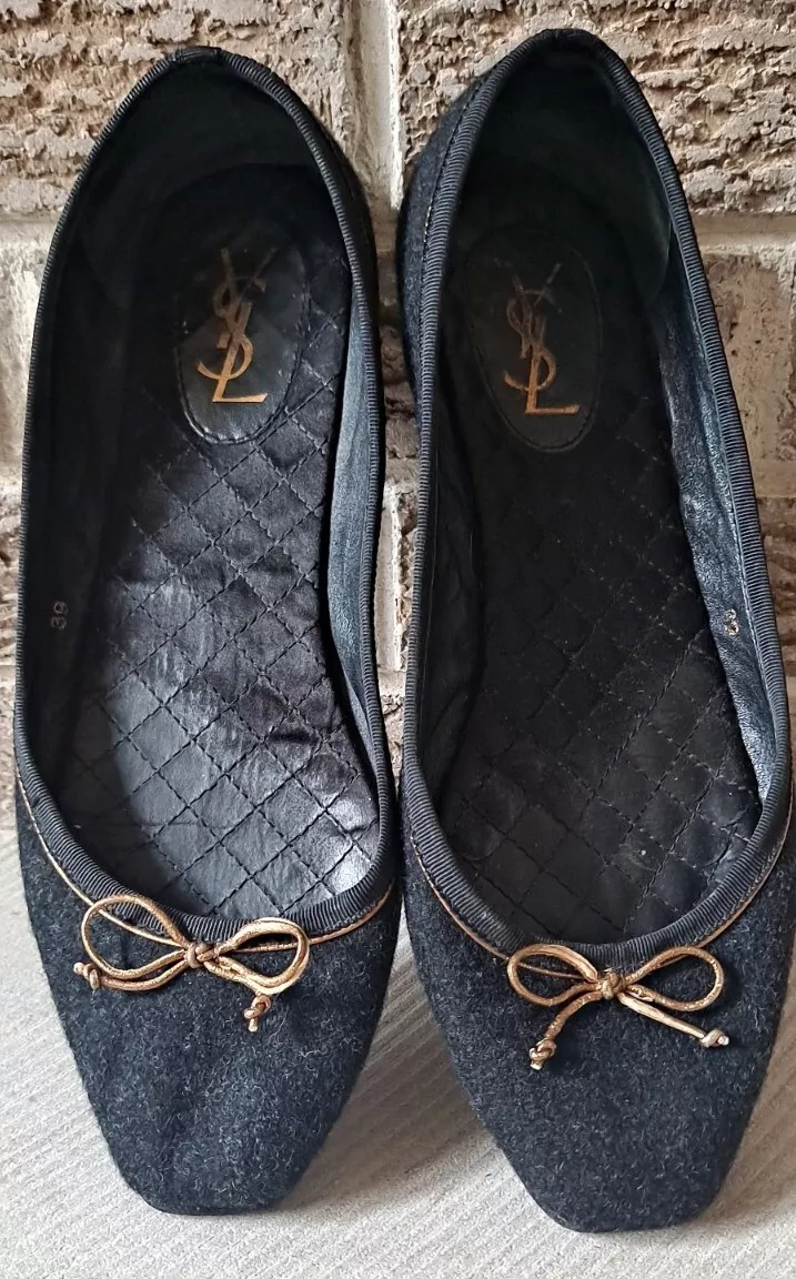 YSL Yves Saint Laurent Slip On Ballet Flats Gold Bow EU 39 US 8.5 Black flannel