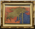 Rare Kamisaka Sekka Japanese Woodblock Print, Maple Leaves Over Bridge in Takao