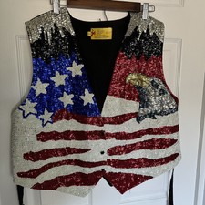 Usa Sequined Vest Americana Patriotic Red White Blue Flag Eagle Xl July 4 16