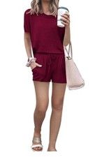 DB Bloom L Red Short Sleeved Romper Summer Stretch Tie Waist Casual Womens NEW