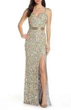 MAC DUGGAL 4691D Platinum Gold Sequin Embellished High Slit Maxi Gown 16 = XL