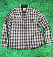 Buffalo David Bitton Mens Button-Up Long Sleeve Shirt Brown Plaid Pockets Large