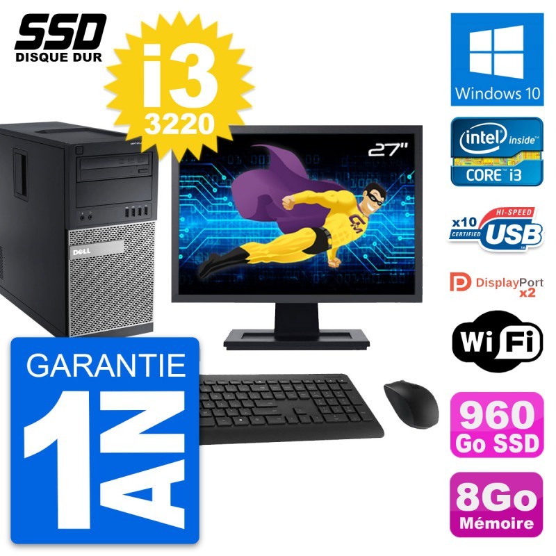 PC Tour Dell OptiPlex 9010 Ecran 27" i3-3220 RAM 8Go SSD 960Go Windows 10 Wifi