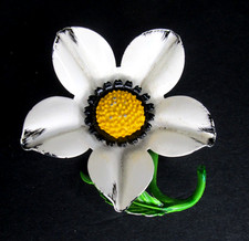 Vintage 60's Large Daisy Pin Brooch Enamel White Yellow Green
