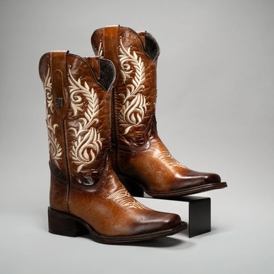 Women s Leather Classic Embroidered Square Toe Cowboy Boots Tan Wide D Western