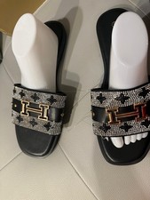 Women's Black Silver Slide Sandals with Rhinestone Studded Accent Slip-On Flat