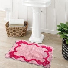 Pink Rose Bow Bath Mat Non Slip Scalloped Bedroom Girly Bow Bath Rug Cute Car...