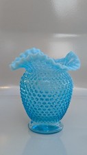 Vintage Fenton 8" Tall Aqua Blue Opalescent Hobnail Ruffled Edge Vase
