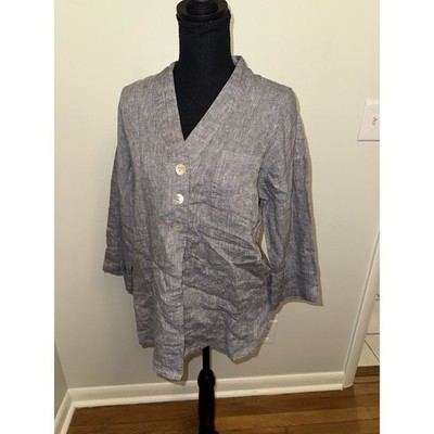 Pure Jill Blue Gray Popover 3/4 Sleeve Linen Top Women s Size Small Lagenlook