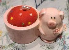 Cute Ceramic Pink Pig Pin Cushion,  PAPEL PET PALS, JAPAN, 1 3/4” Tall