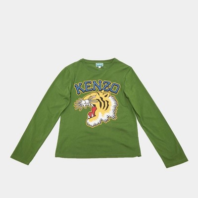 Kenzo Kids Green Tiger Logo Graphic Jersey Long Sleeve Shirt 12 Yrs