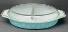 VTG Pyrex Turquoise Snowflake 1.5 Quart Divided Casserole Dish W/ Lid Ex Cond.