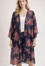 LuLaRoe Shirley Chiffon Kimono Cardigan Navy Blue Rose Floral Size Large 091