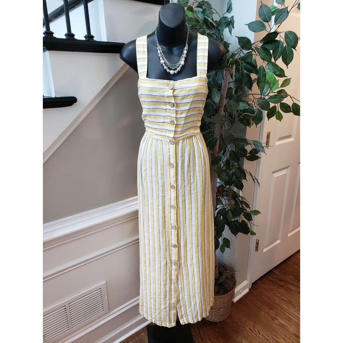 RACHEL ZOE レーチェルゾー Vネックワンピース アメリカ 海外 Rachel Zoe Long Maxi Dress Womens 6 Yellow Striped Linen