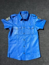 Men's Real Lamb Soft Blue Leather Police Uniforf Style Short Sleeves Shirt