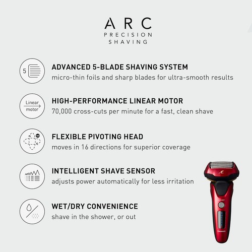 Maquinilla de afeitar eléctrica Panasonic ARC5 para hombre con recortadora emergente seco húmedo 5 hojas ROJA - Imagen 4 de 7
