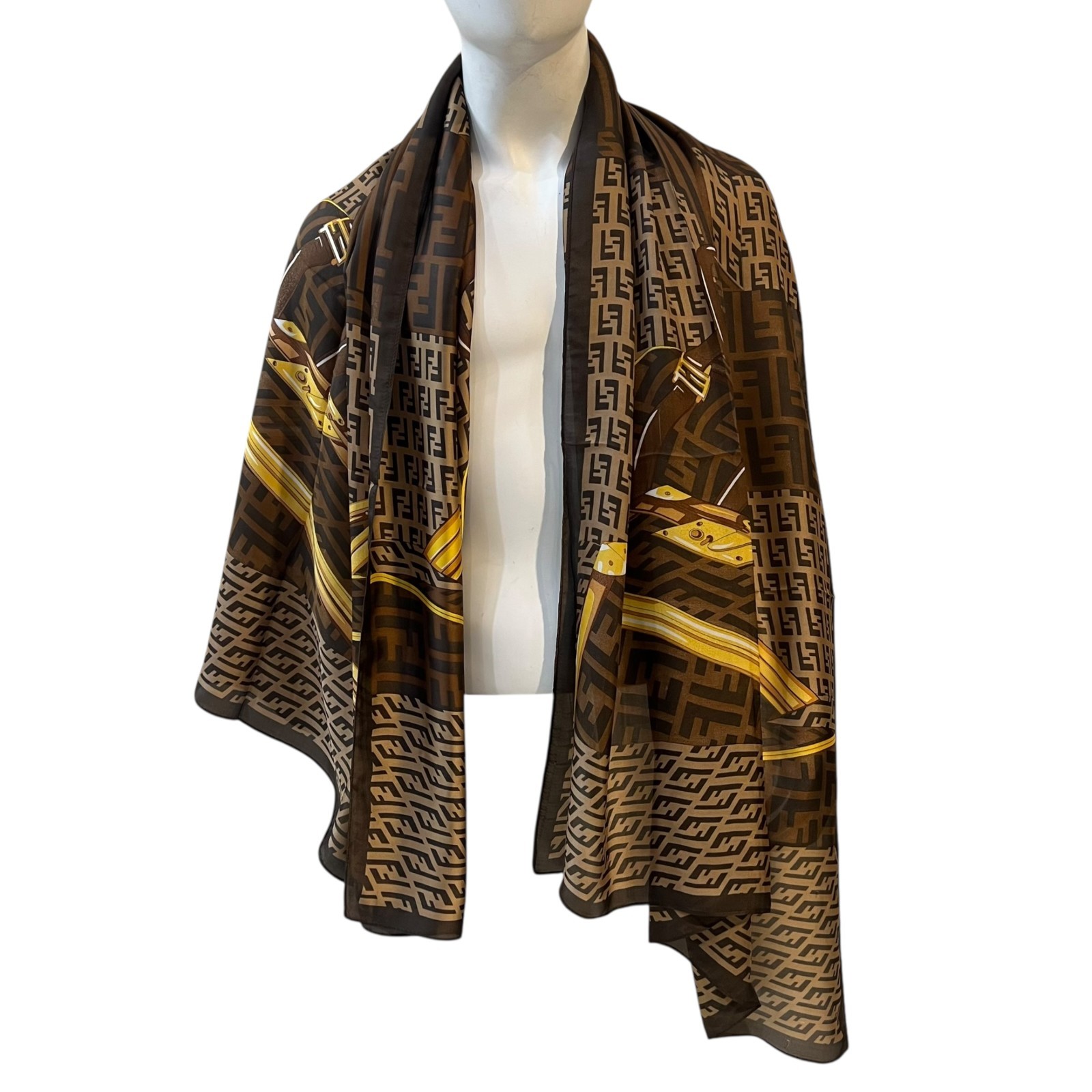 Fendi FF Monogram Silk Scarf Vintage Luggage Print Brown Gold Made in Italy Auth thumbnail 5