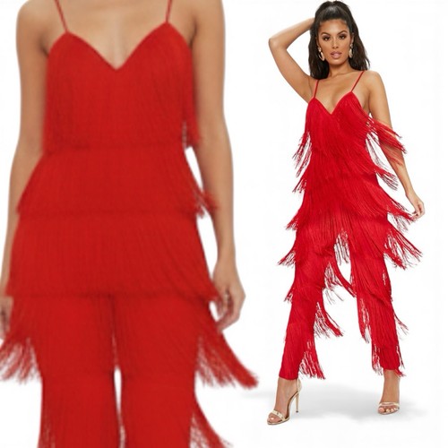 Sexy Satin-Overall PLT rot Größe 4/6 SM HÜFT 8" FRANSEN Salsa Club Silvester Party - Bild 2 von 8