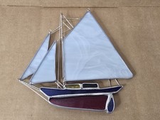 Stained Glass Sailboat Red White Blue Sail Boat Nautical Decor 8" Beautiful Vtg