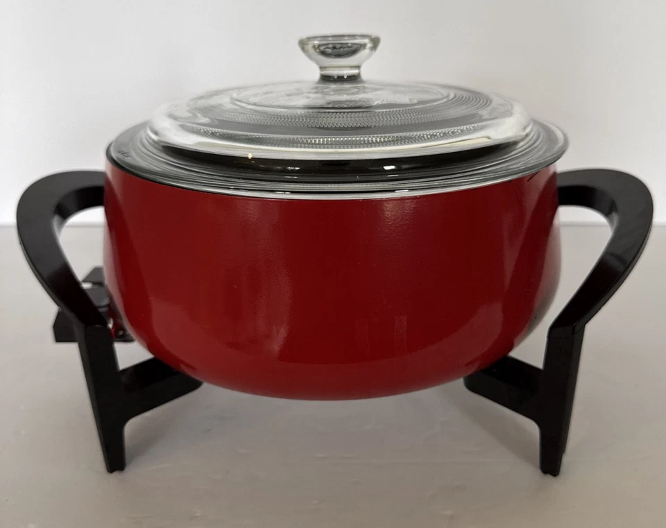Pote de fondue West Bend elétrico 3 quartos com tampa vermelha 1000 W testado funciona vintage - Imagem 4 de 4