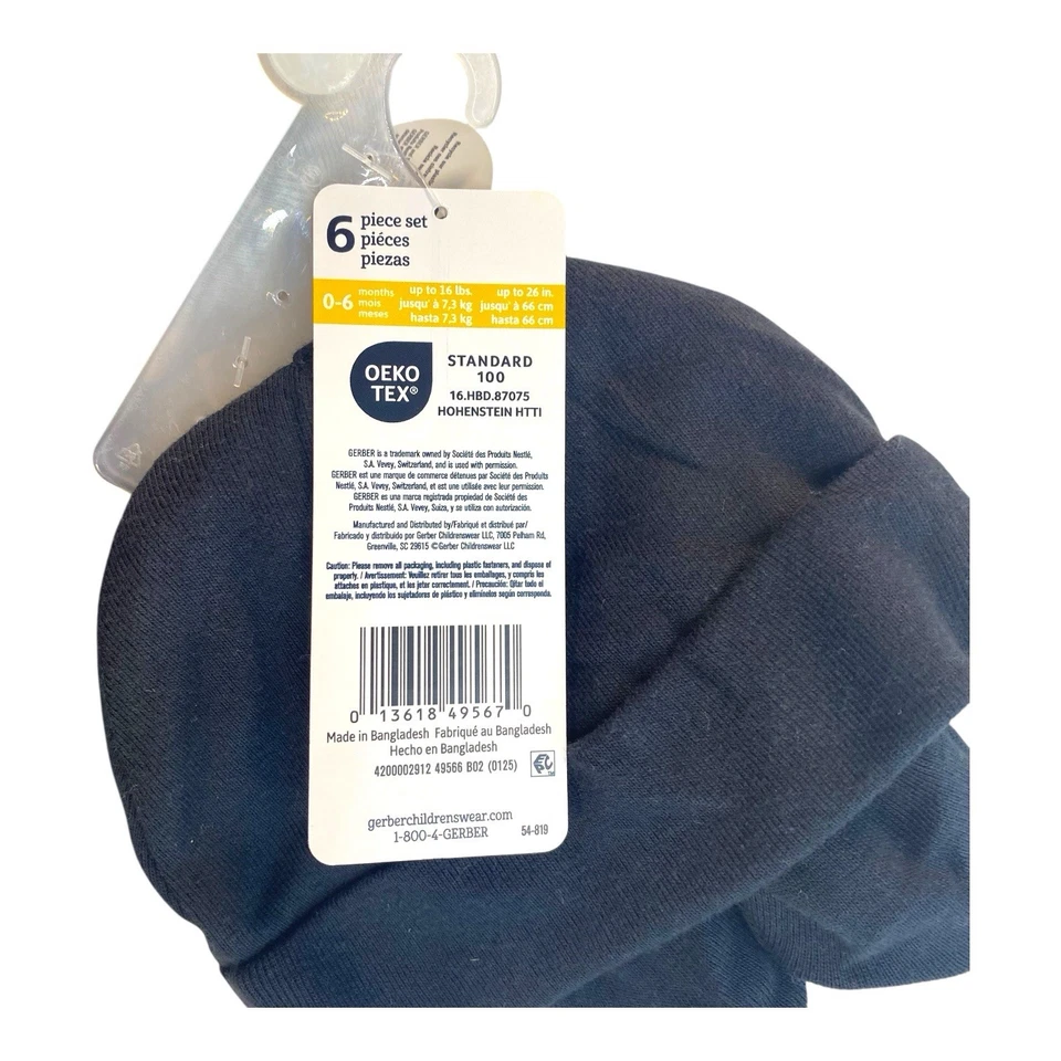 Juego de sombreros y mitones para bebé Gerber 6 piezas 0-6M azul gris OEKO-TEX algodón esencial nuevo con etiquetas Foto 2 de 2