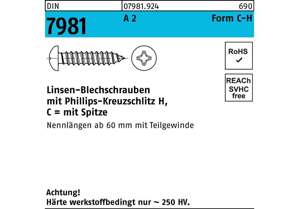 Reyher Blechschraube DIN 7981 LIKO m.Кройцшлиц-PH C 3,9 x 38 -H A 2