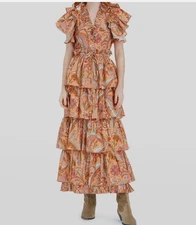 Love the Label Women's Orange Open-Back Ruffle V Neck Maxi Dress Size M