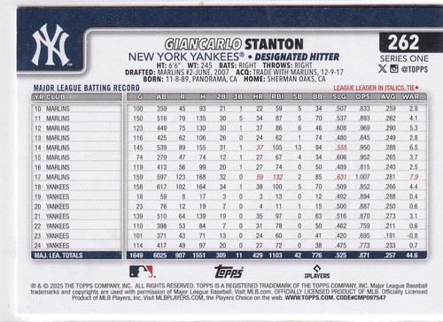 2025 Topps MLB Baseball Series 1 No. 262 Giancarlo Stanton New York Yankees - Bild 2 von 2