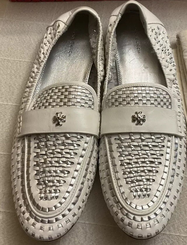 Sale!!国内発送☆Tory Burch WOVEN BALLET LOAFER Tory Burch WOVEN Ballet Loafer White Silver Leather Size 12