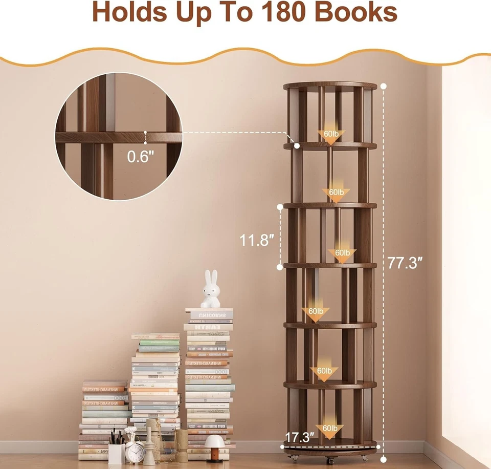 Estante giratória de madeira maciça sobre rodas, 6 camadas, estante giratória redonda, 36... - Imagem 4 de 4