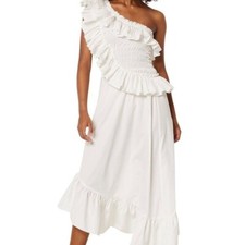 NWT Misa USA Made Sandersun One Shoulder White Asymmetric Ruffle Dress L
