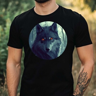 Mens Anime Wolf Motif Cotton T-Shirt Size XS to 5XL