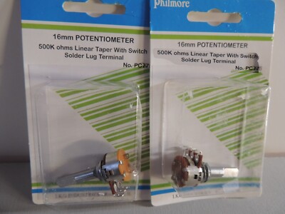 2pcs  500K Linear 16mm Potentiometer on/off switch solder lugs Philmore PC775