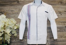 Men Mexican Guayabera Shirt Fine Linen Short Sleeve White Handcrafted Elegant