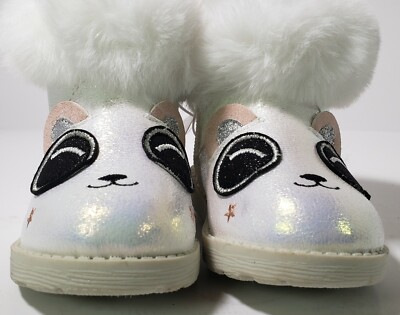 White Iridescent Panda Furry Ankle Boots Toddler Girls size Cat