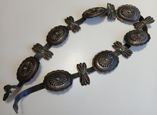 VINTAGE NAVAJO INDIAN LEATHER BELT WITH SILVER  TURQUOISE CONCHOS SANS BUCKLE