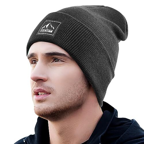 Gorro tejido con puños cálido invierno sombreros unisex calavera tejido talla única negro + gris oscuro - Imagen 6 de 6