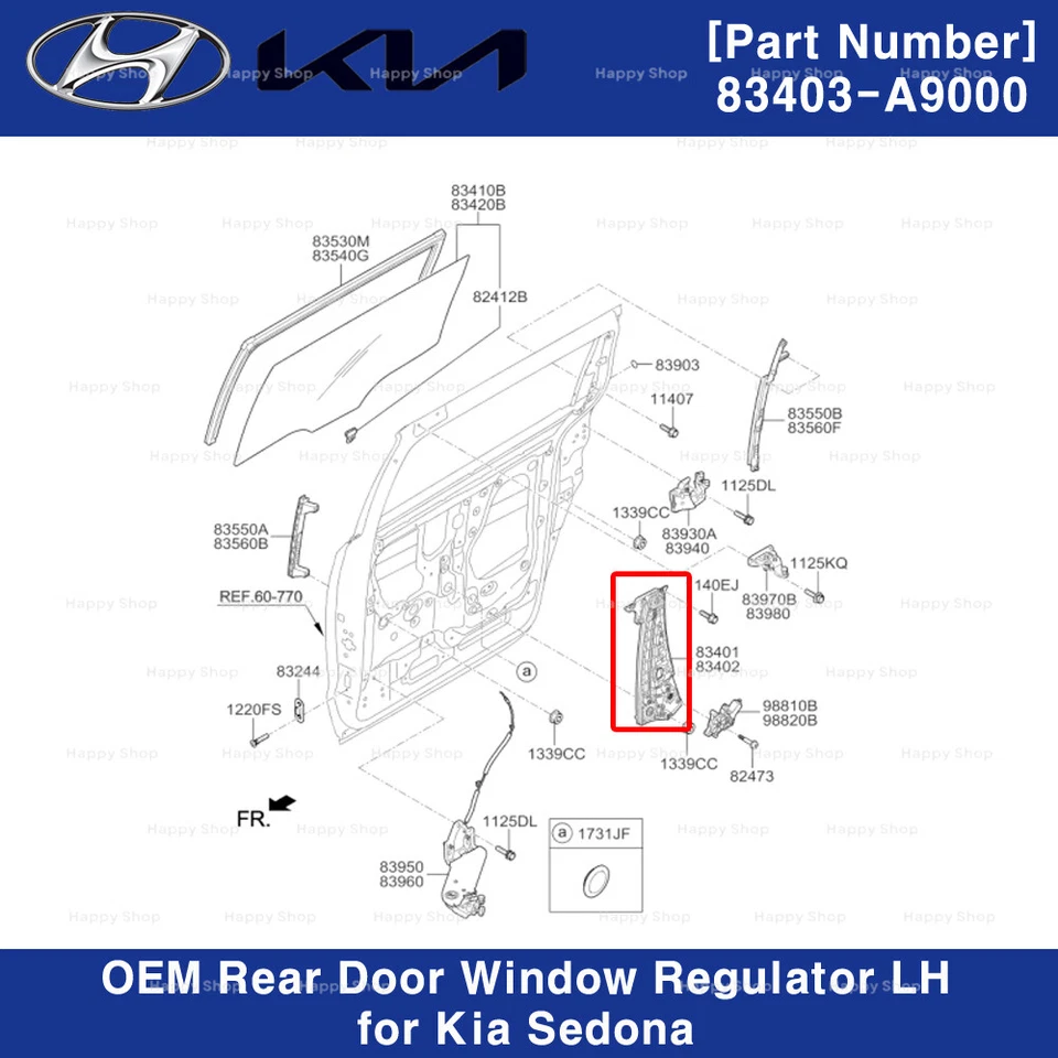 Genuine 83403A9000 Rear Door Window Regulator Left Driver Side for Kia Sedona - Image 3 of 3