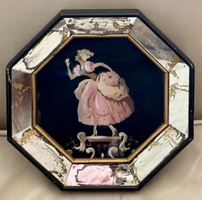 Mid Century Decorative Signed Art Piece in Octagonal Mirrored Frame / Signed AW